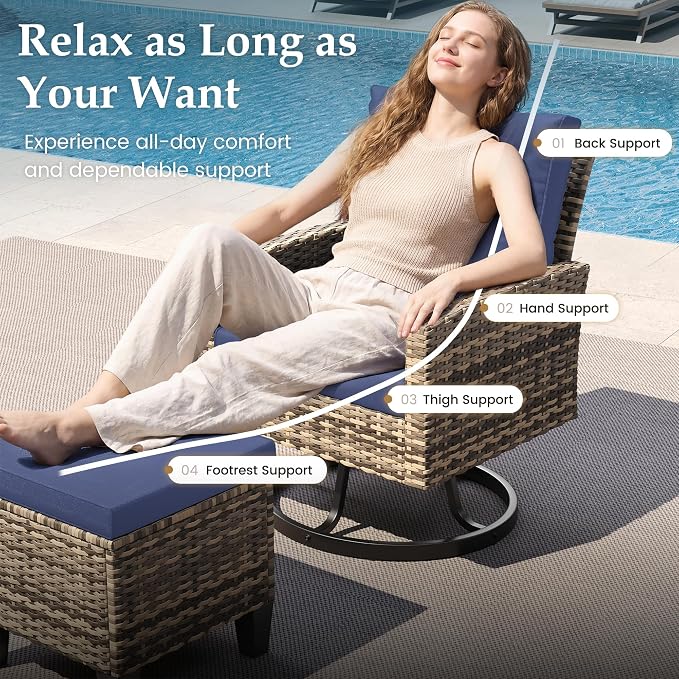 UDPATIO Patio Furniture Set with Fire Pit Table, 7 Pieces Outdoor Conversation Sets with Swivel Chairs and Ottomans, All-Weather Rattan Wicker Patio Sofa Couch for Backyard, Deck, Porch, Navy/Yellow