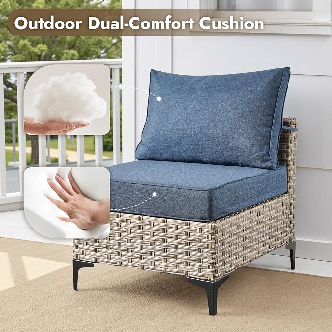10 Pieces Outdoor Sectional Patio Furniture Set with Swivel Rocking Chairs,Wicker Conversation Sets Rattan L Shaped Couch,Modular Outdoor Sofa for Porch Balcony Backyard Denim Blue