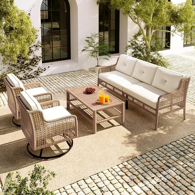 JIVOIT 4 Pieces Patio Furniture Set, Rattan Outdoor Conversation Set with 1 3-Seater Sofa, 2 360°Swivel Rocking Chair and 1 Solid Wood Tabletop Coffee Table for Poolside Backyard Deck (Beige/264)