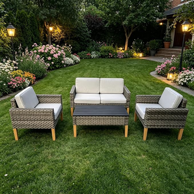 DECMICO 4 Piece Rattan Conversation Bistro Set, Outdoor Wicker Patio Furniture Set, All-Weather PE Rattan Chairs with Cushions for Backyard, Balcony, Garden, Beige