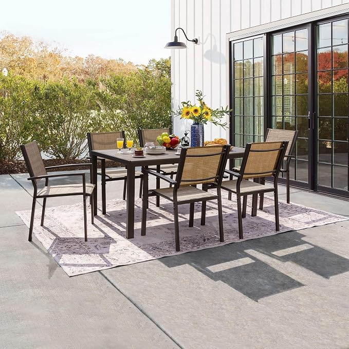 Flamaker Patio Dining Set 7 Piece Metal Frame Outdoor Furniture with 6 Textilene Chairs and Rectangular Table Family Kitchen Conversation Set for Backyard, Lawn (Brown)
