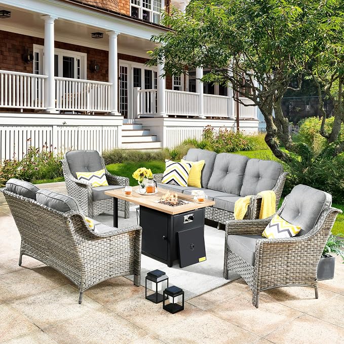 HOOOWOOO 5 Piece Patio Set with Fire Pit Table, All Weather Resistant High Back Rattan Outdoor Furniture (Black)