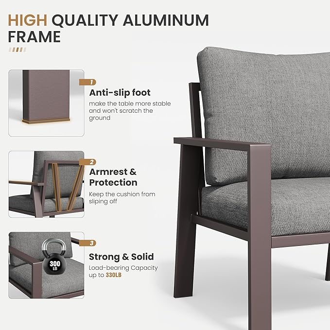 Aluminum Patio Furniture Set 5 Pieces Modern Patio Conversation Sets for Porch, Deck, Garden, 7-Seat Outdoor Furniture Metal Sofa Set with 4" Water-Resistant Cushion & Coffee Table,Gray