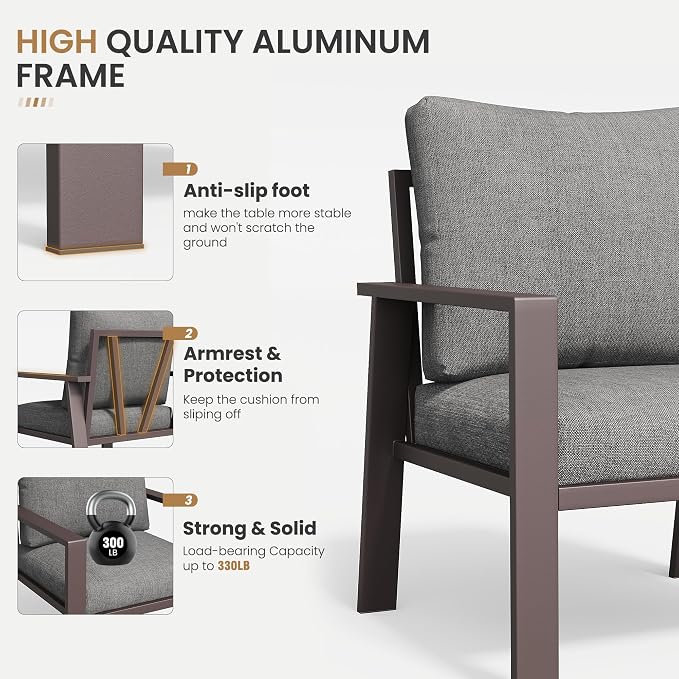 Aluminum Patio Conversation Set 5-Piece All-Weather Outdoor Sectional Sofa with 4" Cushions, Modular Patio Set for Porch Poolside Deck Yard