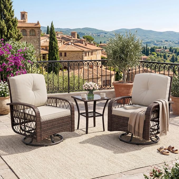 GarveeHome Outdoor Swivel Rocker Chairs, 3-Piece Patio Set with Thick Cushions & High Back Support, Includes 2 Wicker Chairs & 1 Side Table for Deck, Porch, Backyard (Brown Wicker & Beige Cushions)