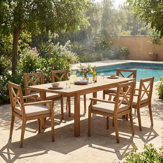 7-Piece Outdoor Patio Expandable Dining Table Set, All-Weather Acacia Wood Dinning Set with 6 Armchair and Cushions for Garden Backyard Balcony Deck Poolside (Beige Cushions+Teak)