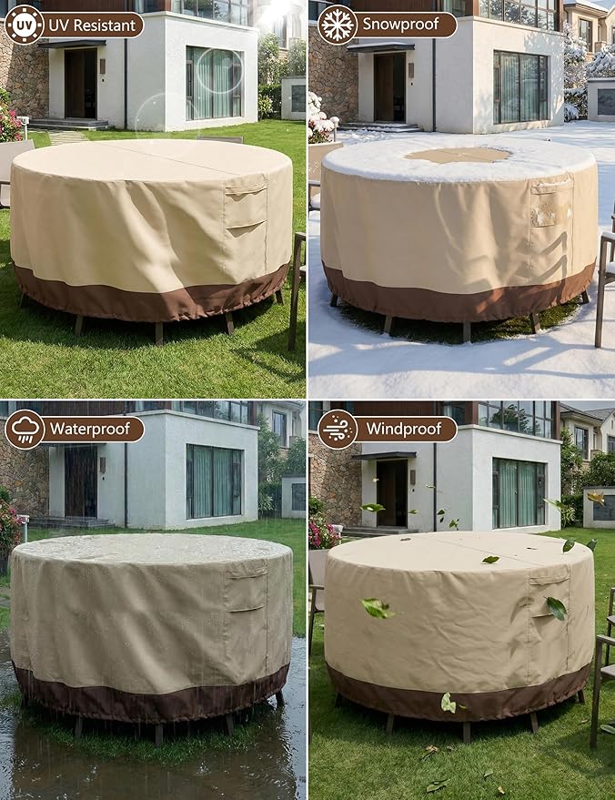 Vailge Round Patio Furniture Covers, 100% Waterproof Outdoor Table Chair Set Covers, Anti-Fading Cover for Outdoor Furniture Set, UV Resistant (Beige&brown, 62"DIAx28"H)