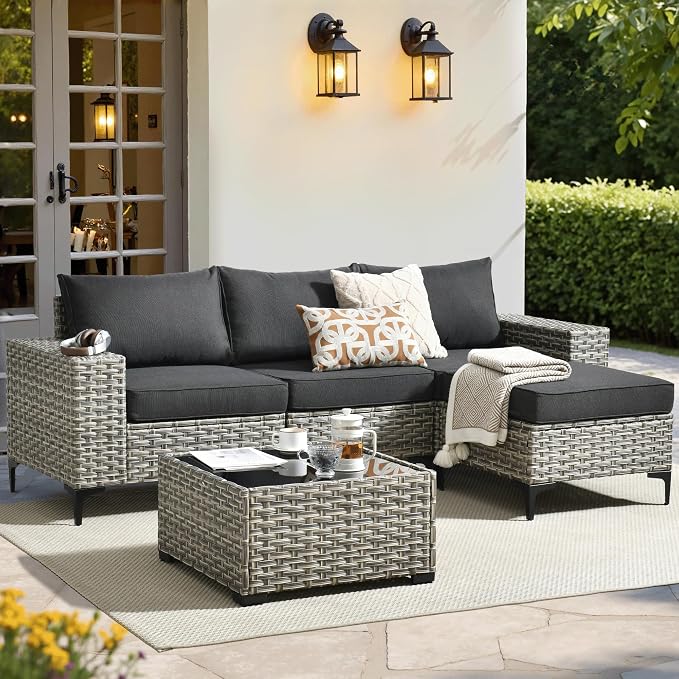 ovios 5-Piece Patio Furniture Set with L-Shape Sofa Chaise, Outdoor Sectional Couch Coffee Table, Modern Modular Wicker Rattan Conversation Set, Black