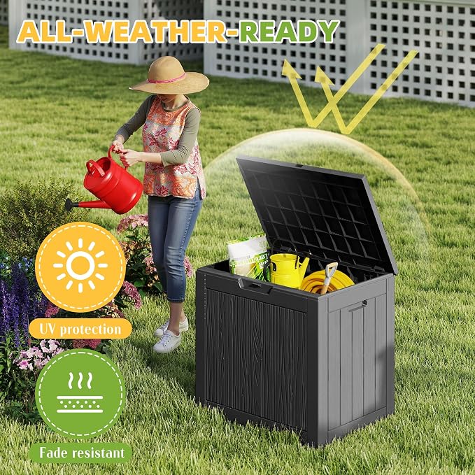 PatioZen 30 Gallon Deck Box,Resin Outdoor Storage Box with Lockable for Patio Furniture, Garden Tools Waterproof Outside Storage Box, Black