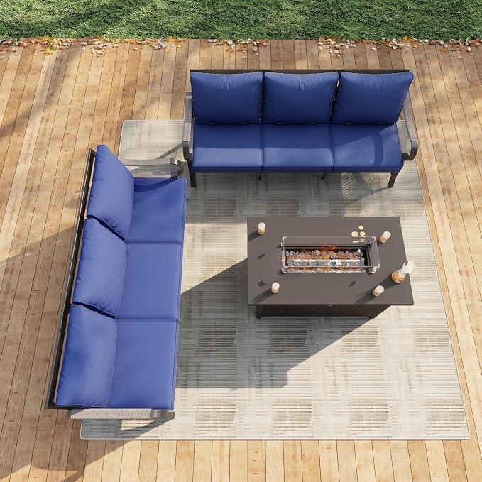 3 Pieces Patio Furniture Set, Metal Outdoor Conversation Sets with Fire Pit Table for Backyard Garden Deck Porch Poolside (Thick Blue Cushions)
