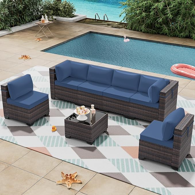 7 Pieces Outdoor Patio Furniture Set,Outdoor Sectional Furniture All Weather PE Rattan Wicker Patio Conversation Set with Coffee Table and 6 Thickened Cushions,Navy Blue
