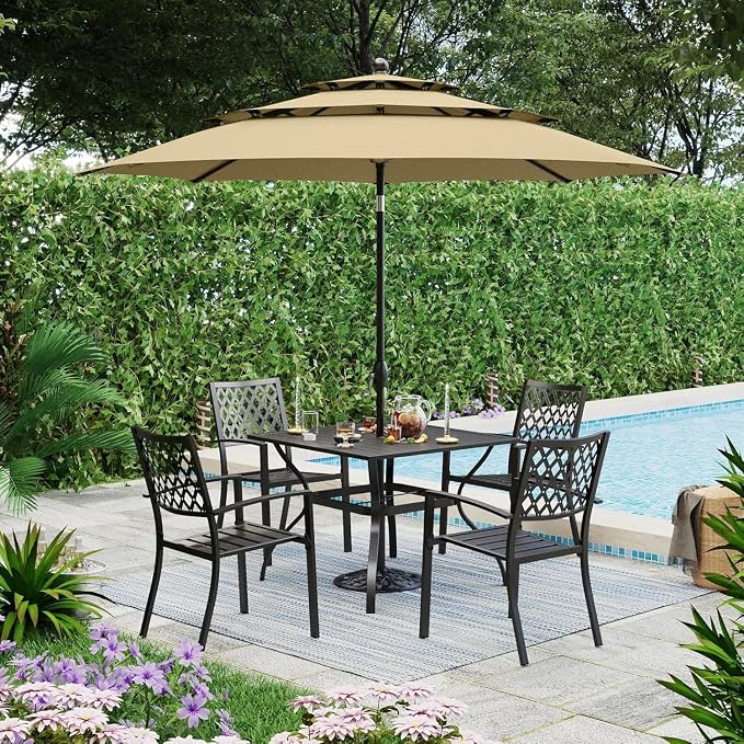 PHI VILLA Patio Dining Set, 4 Stackable Chairs w/Square Metal Table | 37" square metal table w/ 1.57" umbrella hole. Rust-resistant e-coated frame. Easy assembly. Perfect for patio,deck