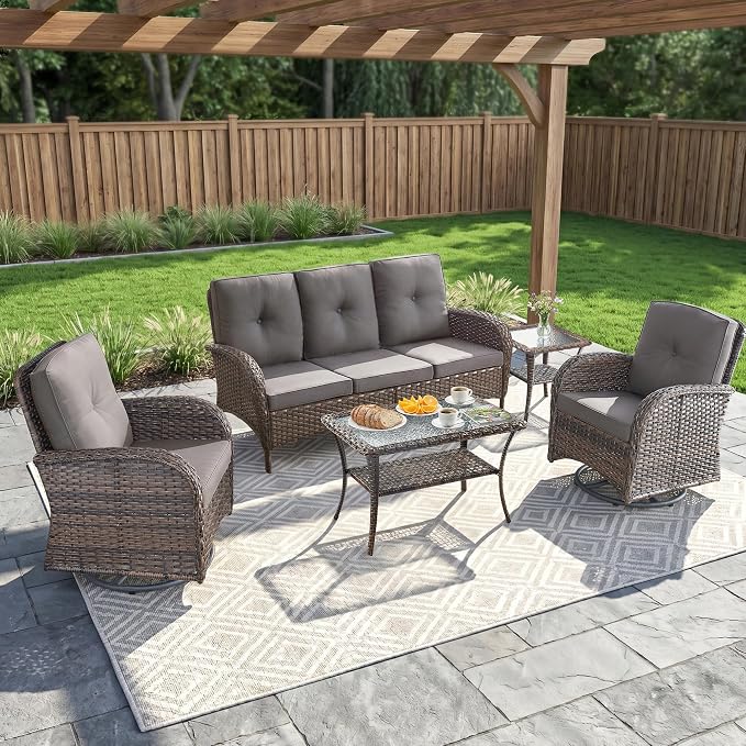5 Piece Patio Furniture Set - Wicker Patio Conversation Set with Swivel Glider, 3 Seat Sofa, Tempered Glass Side Table and Coffee Table for Deck Backyard - Brown Wicker Grey Cushion