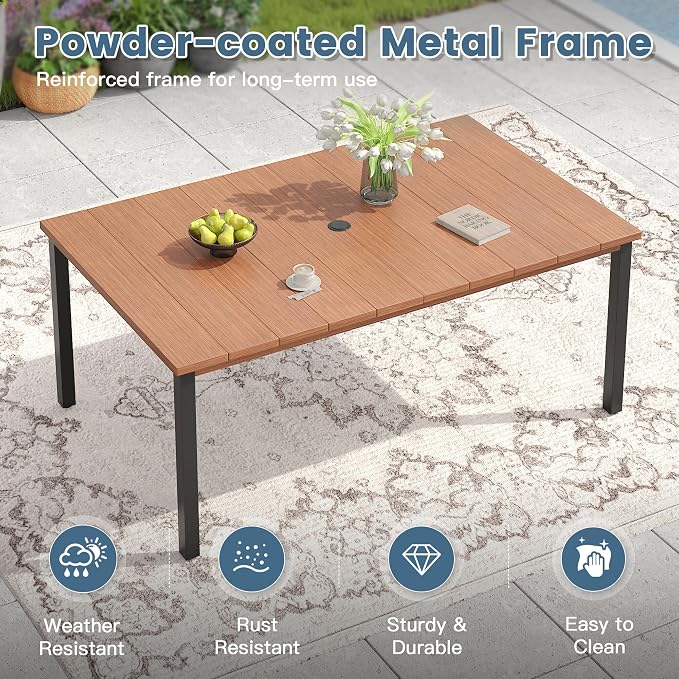 DIFY 7 Pieces Outdoor Dining Set, Metal Patio Table and Chairs Set for 6, 63" Rectangle Dining Table with Umbrella Hole & Wicker Stackable Patio Chairs with Cushions, Walnut Tabletop