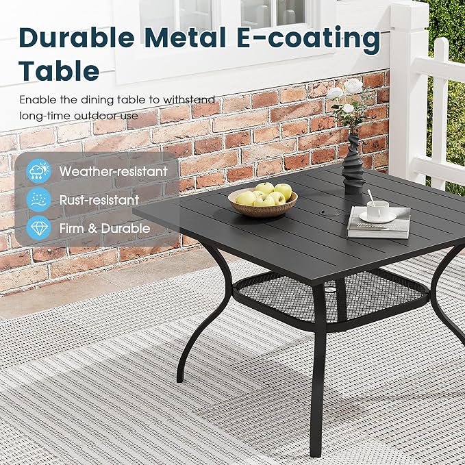 5 Pieces Patio Dining Set, 38" Square Dining Table with Umbrella Hole, 4 Stackable Textilene Fabric Chairs, Metal Structure for Patio, Porch, Garden(Black Table, Blue Chair)