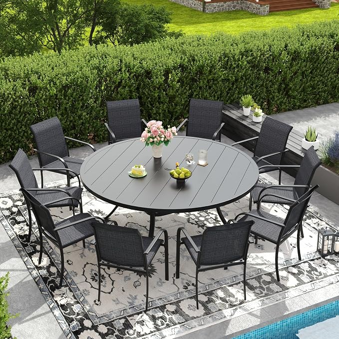 DIFY Patio Dining Set for 10, 11 Piece Outdoor Table and Chairs Set, 63" Black Round Metal Patio Dining Table and Grey Textilene Stackable Patio Chairs, for Backyard Garden Poolside
