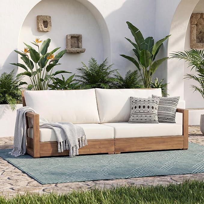 Christopher Knight Home 4-Piece Patio Furniture Set, Outdoor Acacia Wood 3-Seater Patio Sofa Set with 2 Swivel Rocking Chairs & Coffee Table, Deep Seating Patio Set for Porch Deck Garden, Brown+Beige