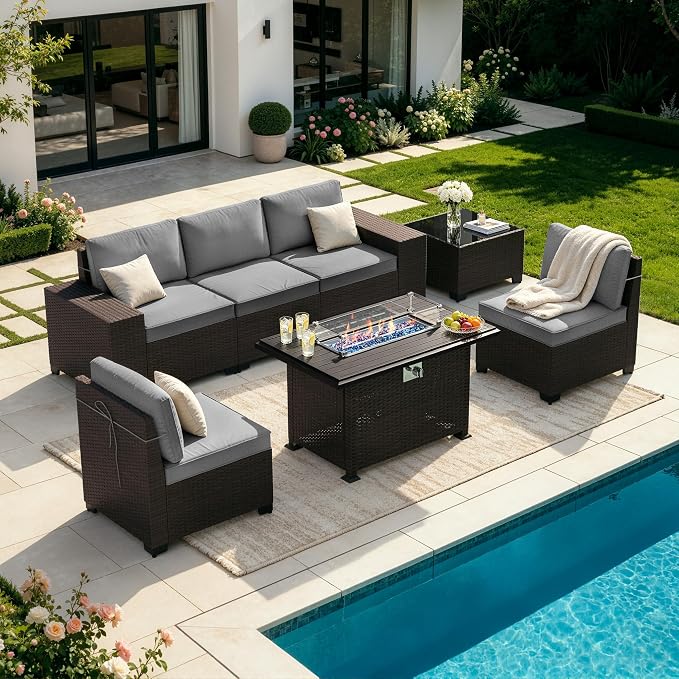 Patio Furniture Set 7 Pieces Outdoor Furniture Patio Conversation Set w/43in Gas Fire Pit,PE Rattan Wicker 7 Pcs Outdoor Sofa Set w/55000 BTU Propane Fire Pit Table,Grey