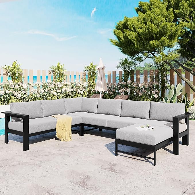 JIVOIT Multi-Person Outdoor Sofa Set, U-Shaped Aluminum Outdoor Sofa Set with Thick Cushions and Backrests, Modular Patio Sofa Set for Gardens, Backyards, and Balconies (Grey * 069)