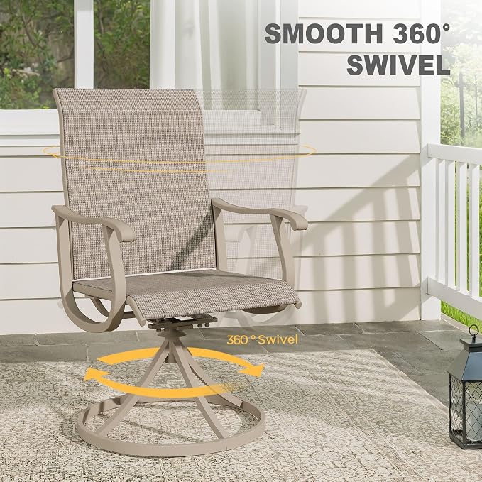 VICLLAX Patio 5 Pieces Outdoor Dining Set, 40.6" Round Metal Table with Umbrella Hole and Storage Shelf, 4 Swivel Textilene Chairs for Lawn, Garden, Porch, Sandshell