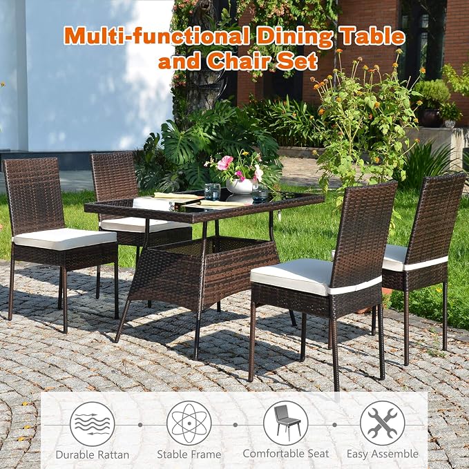 10 Pieces Patio Wicker Dining Set Outdoor Furniture, Outdoor Rattan Table and Chairs with Tempered Glass Table-top & Padded Cushions, Patio Furniture Sets for Backyard, Balcony (Brown)