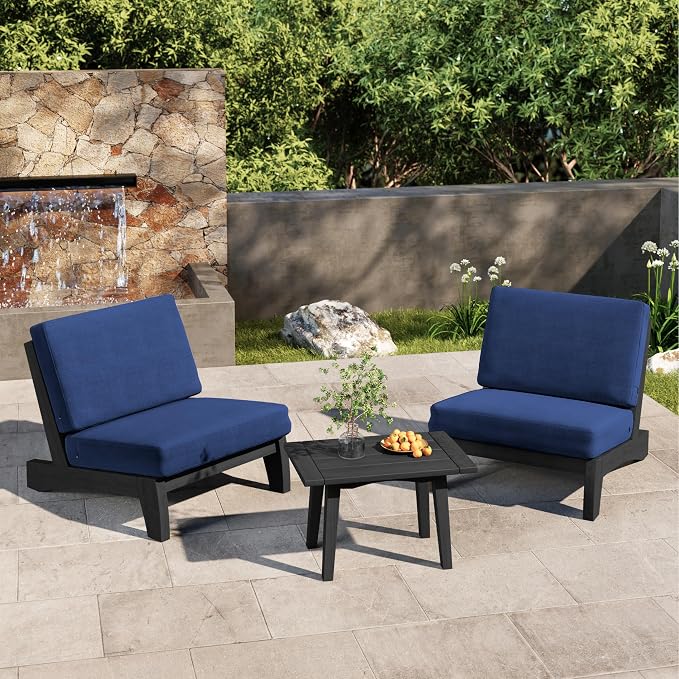 4 Piece Teak Outdoor Patio Frutnire Set, 4 Seater Patio Conversation Sets with Thick Cushions, Outdoor Sectional Furniture with Coffee Table - Navy Blue