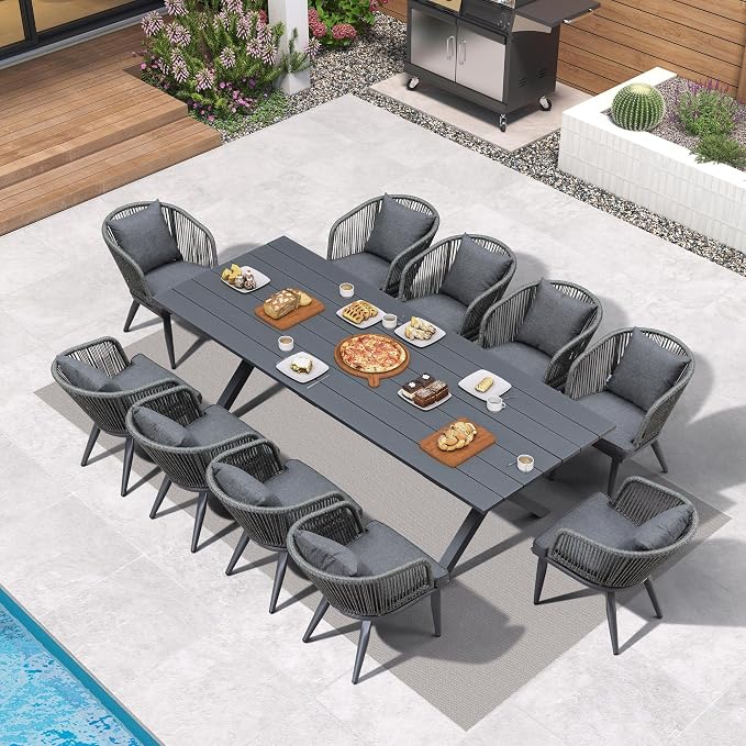 PURPLE LEAF 11 Pieces Patio Dining Set Wicker Outdoor Furniture Rectangular Table and Chairs Set for Garden Deck Aluminum Frame Backyard Kitchen Set, Cushions and Pillows Included Grey