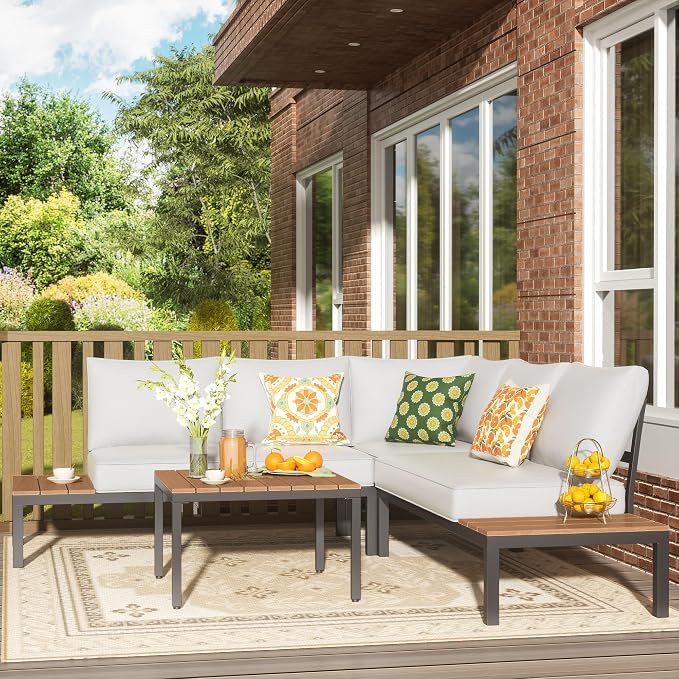 NATURAL EXPRESSIONS Patio Furniture Sets, L Shape Patio Sectional Metal Outdoor Sectional Corner Sofa Outdoor Couch with Detachable Backrest,3 Fauxwood Tables,5” Grey Olefin Cushions