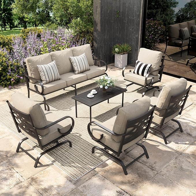 Sophia & William Patio Conversation Set for 7, 3-Seater Sofa, 4 Rocking Chairs and a Coffee Table, Metal Outdoor Furniture with 5.75" Extra Thick Cushions, Beige