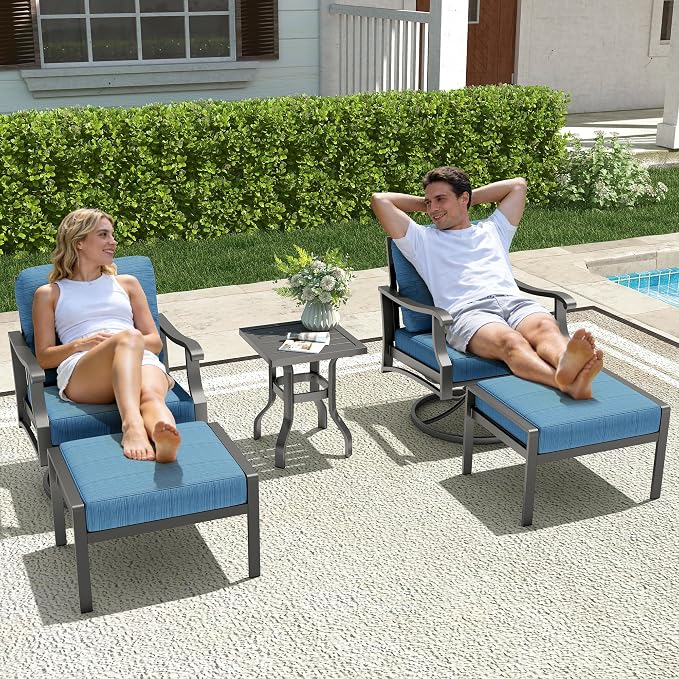 Outdoor Swivel Rocker Chairs w/2 Ottomans, Coffee Table, 5 Piece Metal Patio Conversation Bistro Set with 5" Thickened Cushions, Aluminum Frame for Porch, Yard, Balcony, Blue