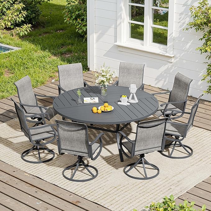 VICLLAX 9 Pieces Patio Dining Set, Patio Furniture Set of 8 Patio Swivel Dining Chairs and 60" Patio Spliced Round Tabletop, Grey Chairs & Dark Grey Tabletop
