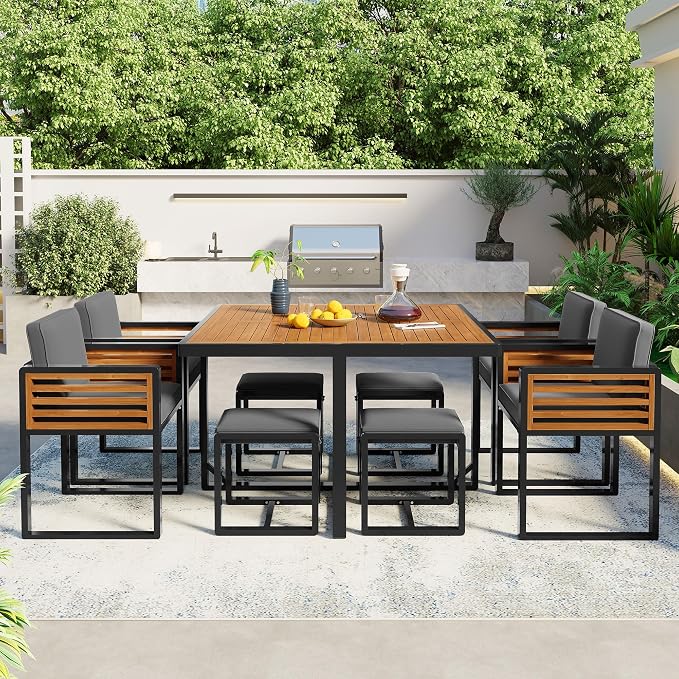 9-Pieces Outdoor Dining Set for 8, Acacia Wood Patio Furniture Set with Outdoor Square Table and 4 Cushioned Chairs & 4 Ottomans for Backyard, Garden, Deck and Poolside (Grey, 9 Piece)