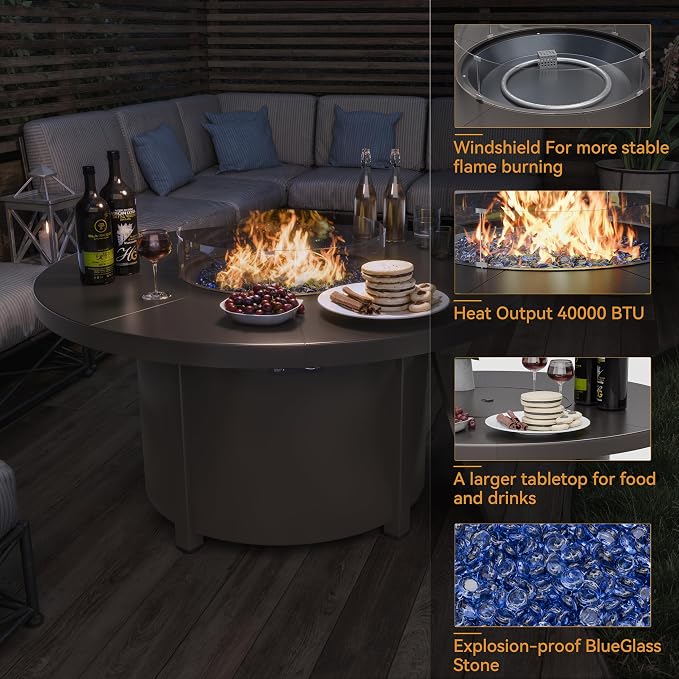 ALAULM 5-Piece Outdoor Dining Set for 4 Metal Outdoor Patio Furniture with 2 Swivel Chairs & 40000 BTU Round Fire Pit Table for Patio, Backyard, Garden-Sand