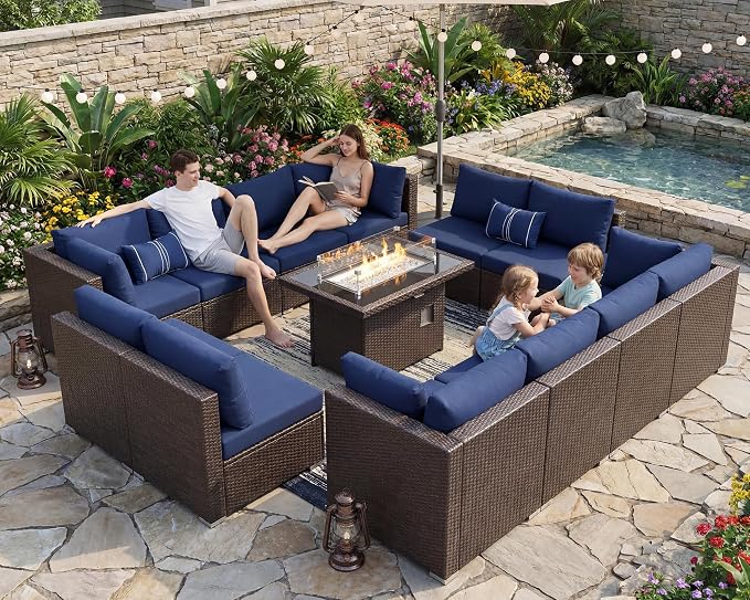 NICESOUL 13 Piece Patio Furniture w/Fireplace, Elegant Outdoor Seating w/Firepit, XL 29.3'' High Back Sectional Sofa, All-Weather Rattan Deck Couch, Modular Sturdy Conversation Set, Brown & Blue