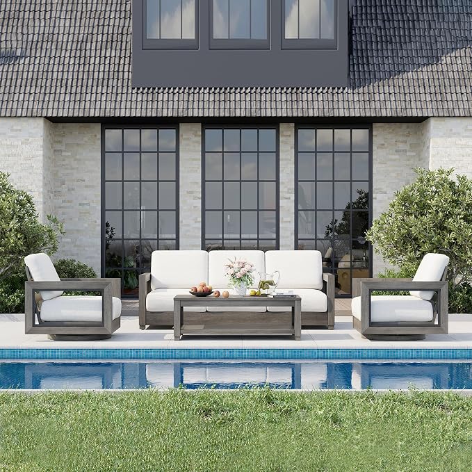 HAPPATIO Oversized Aluminum Patio Furniture Set, Outdoor Conversation Set 4 Pieces with 3-Seat Sofa, 2 Swivel Sofa Chairs, 1 Coffee Table, Extra Large Seat with Thicken Cushion for Deck Poolside,Grey