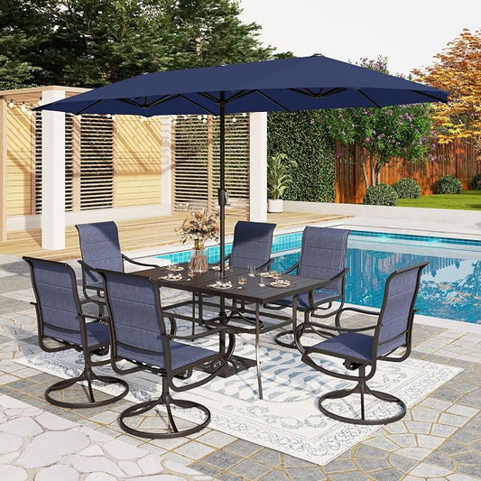 PHI VILLA 8 Piece Patio Dining Set with 13ft Patio Umbrella (Navy Blue), 6 Outdoor Padded Swivel Dining Chairs & 1 Large Metal Dining Table for Lawn Garden Backyard (No Umbrella Base)