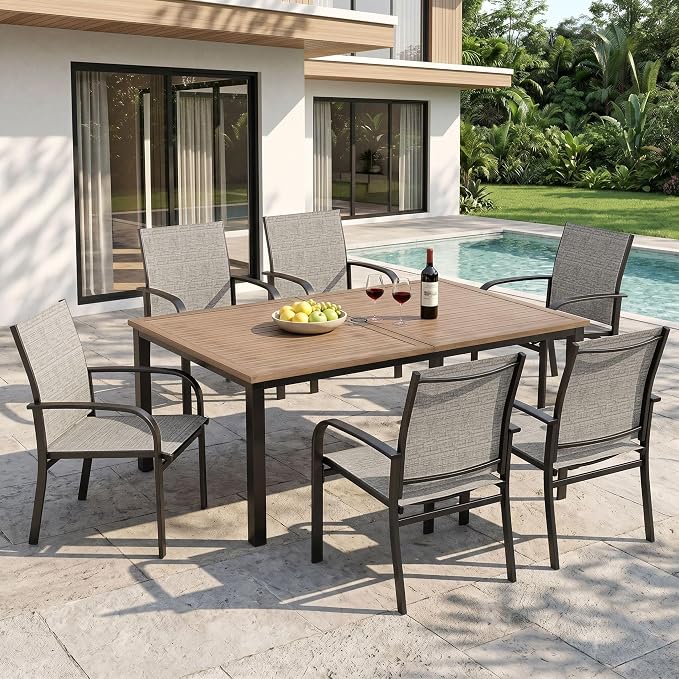 HERA'S HOUSE 7pc Outdoor Patio Dining Set, Wood-Look Metal Table, Brown | 64" rectangular table with umbrella hole, 6 textilene chairs. Waterproof, rust-resistant, all-weather for backyard, porch
