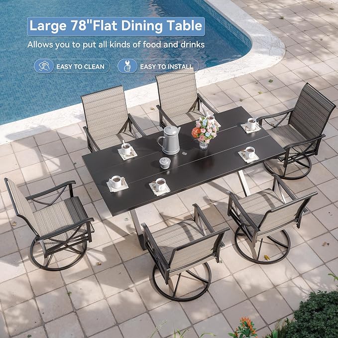Kurapika 7-Piece Patio Dining Set, Patio Furniture Set for 6, Outdoor Large Metal Table with Umbrella Hole and Textilene Swivel/Rocking Chairs, for Garden, Deck, Porch, Pool All Weather, Brown
