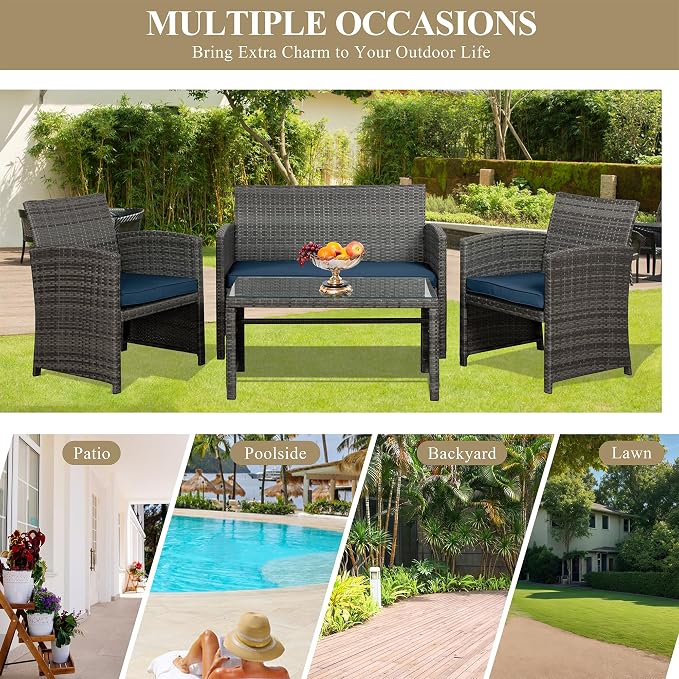 JAMFLY 4 Piece Outdoor Patio Furniture Set, Outdoor Wicker Rattan Chairs Conversation Sets with Cushions & Coffee Table for Outside, Garden, Balcony, Porch, Dark Blue