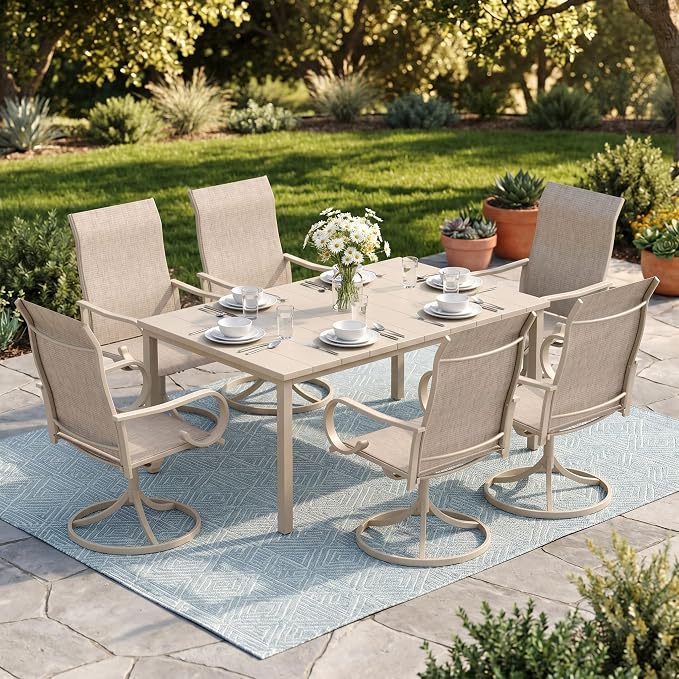 7 Pieces Patio Dining Set, 6 Outdoor Swivel Dining Chairs with 63" Rectangle Metal Outdoor Dining Table with Umbrella Hole for Garden Backyard Deck, Sandshell