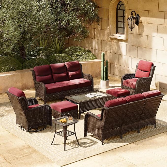 HILLGA 8-Piece Luxury Patio Furniture Set with 6" Thick Cushions, Weather-Resistant Wicker High Back Swivel Rocker Chairs, Senior-Friendly Outdoor Sofa Set for Large Deck and Poolside, Burgundy(V2)