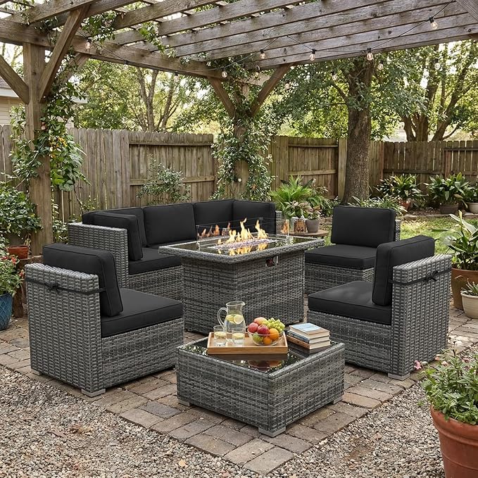 LayinSun 8 Piece Patio Furniture Set with Fire Pit Table, Outdoor Conversation Sets Wicker Rattan Sectional Sofa with Coffee Table