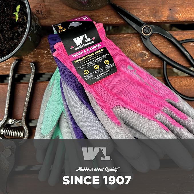Wells Lamont Gardening Gloves for Women – Breathable Polyester, Seamless Fit – PU-Coated Palm for Grip & Durability