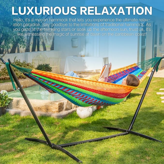 PNAEUT Double Hammocks with Stand for Outside, Portable Space Saving Heavy-Duty Steel Stand for Indoor Outdoor Patio (Mayan Rainbow)