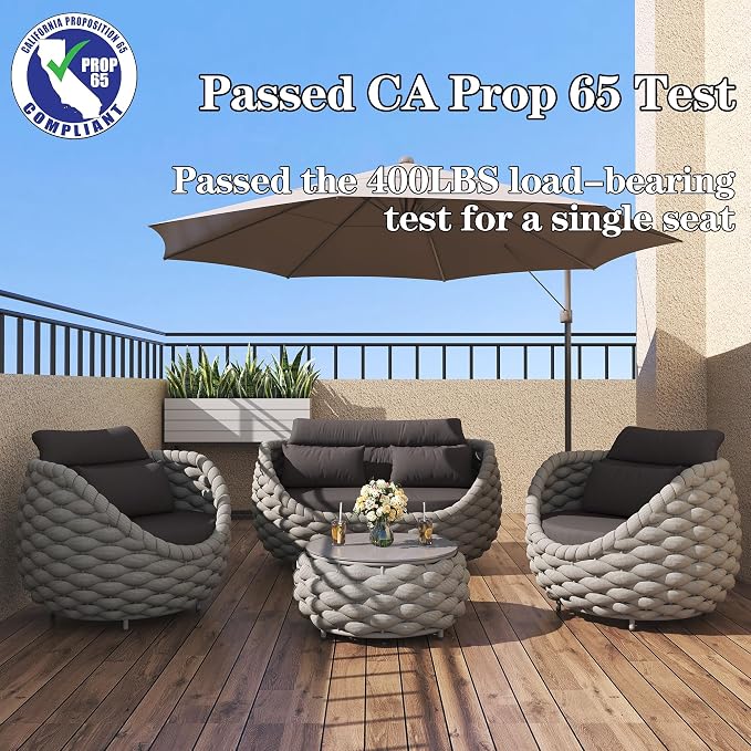 TWT 6-Piece Aluminum Patio Furniture Set, Olefin Rope Modern Outdoor Conversation Set Sectional Sofa with Water Repellent Thick Cushions and Coffee Table for Balcony, Garden, Light Grey