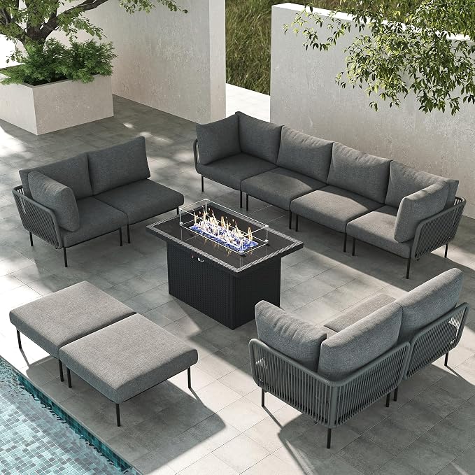 LayinSun 11 Pieces Aluminum Patio Furniture Set, Modern Modular Sectional Sofa with Fire Pit Table and Upgrade Thickness Cushion