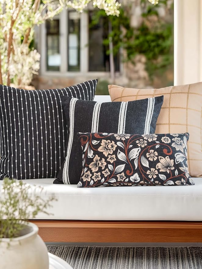 Modern Farmhouse Fall Linen Indoor Outdoor Lumbar Pillow Cover Only, 12"x20" Water Repellent for Patio, Backyard, Couch, Black Ivory Cream Floral