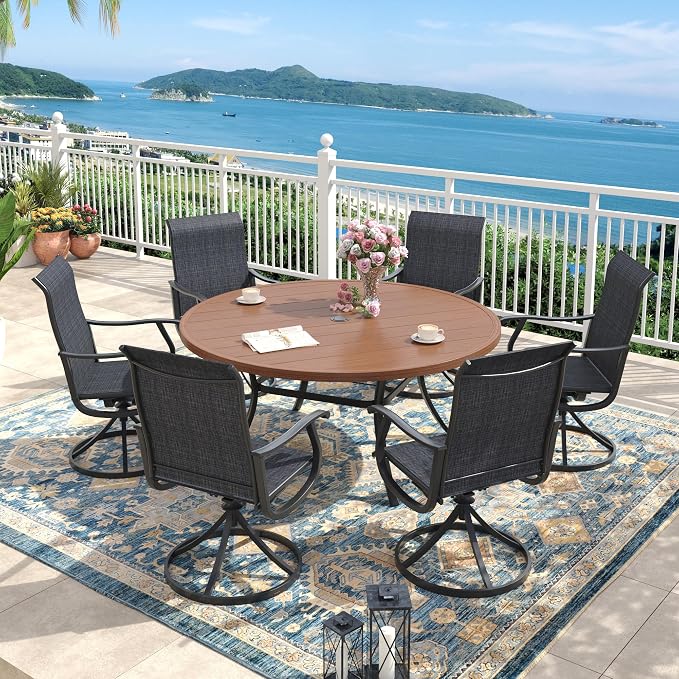 Outdoor Dining Set for 6, 50" Metal Round Outdoor Dining Table with Umbrella Hole and Sling Patio Swivel Chairs, 7 Pieces Patio Table and Chairs Set for Garden Backyard, Charcoal and Walnut