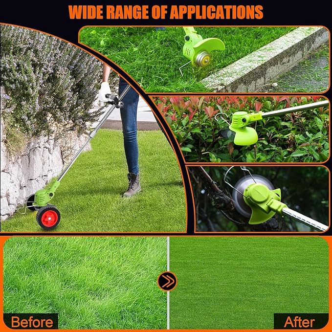 Electric Weed Wacker Cordless with Wheels, 2pcs Batteries&4 Types Blades,Lightweight, Low Noise 21V Battery Powered Weed Wacker, 3-in-1 Grass Trimmer/Brush Cutter/Edger, for Thick Weeds&Yard Garden