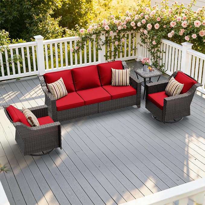4 Pieces Patio Conversation Furniture Set - 1 Sofa, 2 Swivel Chairs, 1 Side Table, Outdoor Wicker Furniture with Removable Cushions for Porch, Balcony, Sunroom (Red)
